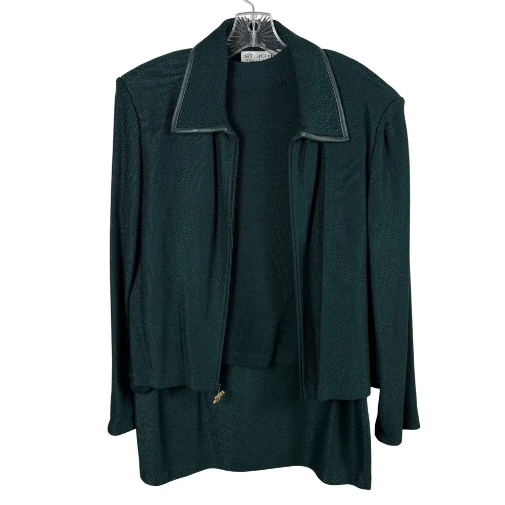 Vtg St. John Collection Skirt Suit 16 Green 3pc Knit Designer Quiet Luxury